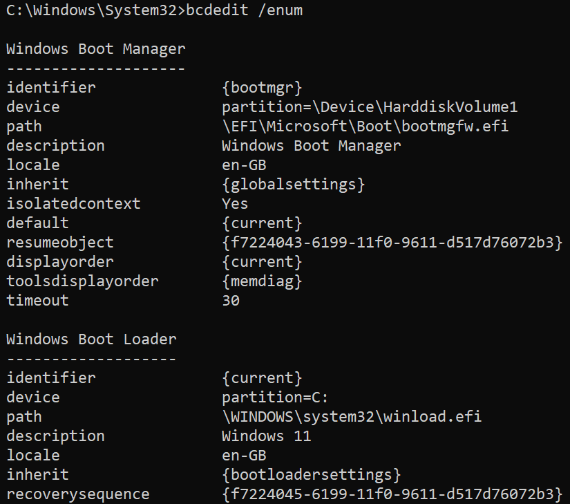 Display of the BCD file using the `bcdedit` command