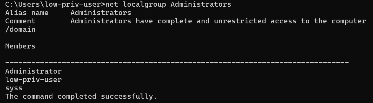 low-priv-user is now member of the Administrators group