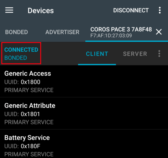 COROS PACE 3 bonded via nrf Connect
