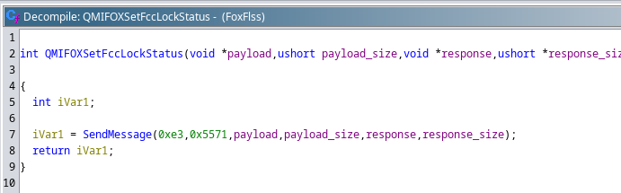 Decompiled function in the FoxFlss binary performing the FCC unlock