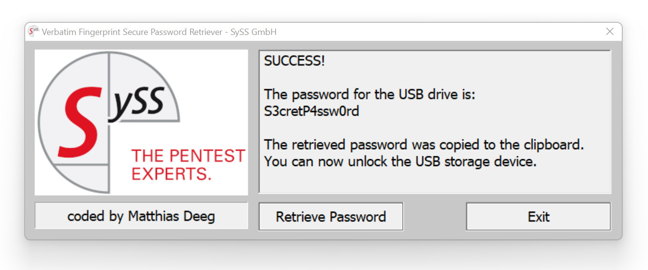 Successful attacking using the developed Verbatim Fingerprint Secure Password Retriever