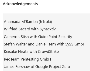 Microsoft's acknowledgements for CVE-2025-33073