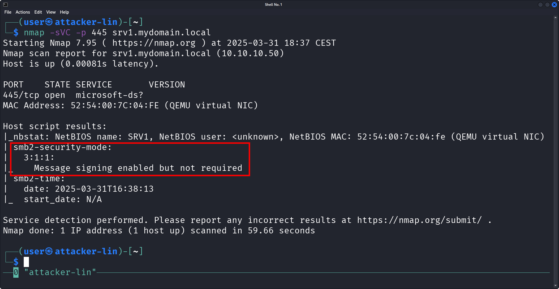 SMB signing is not enforced on srv1