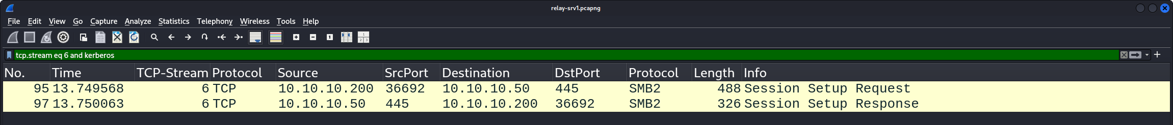 Kerberos traffic in TCP stream 6