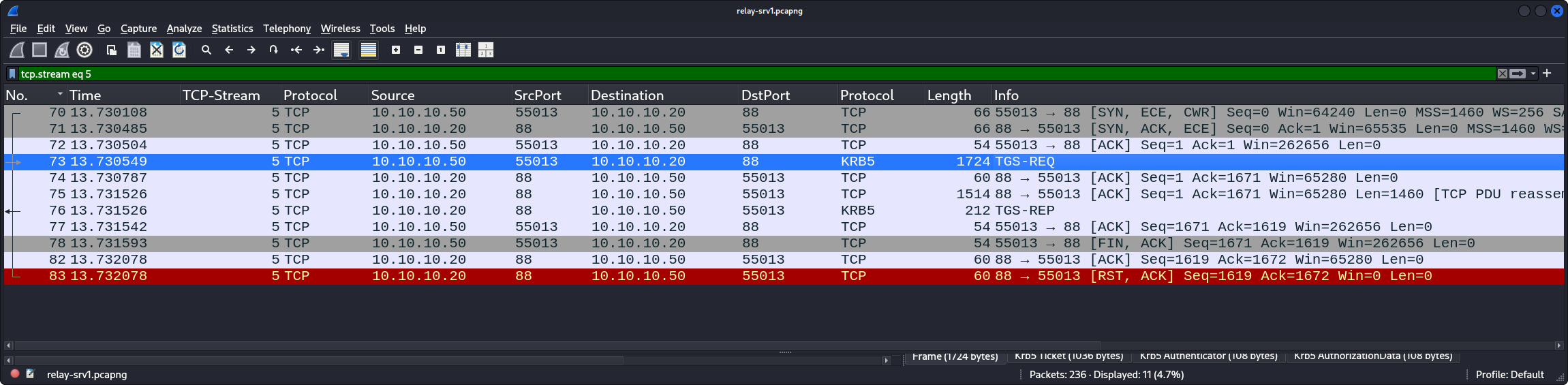 Service ticket request of srv1 and response of dc1