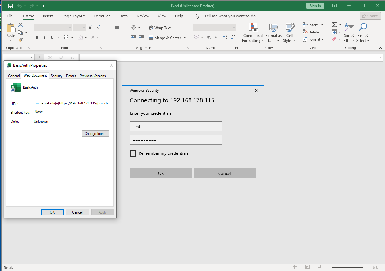 Showing the Excel authentication pop-up