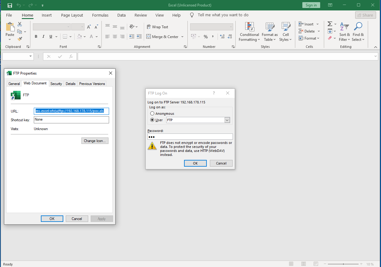 Showing the Excel FTP authentication pop-up