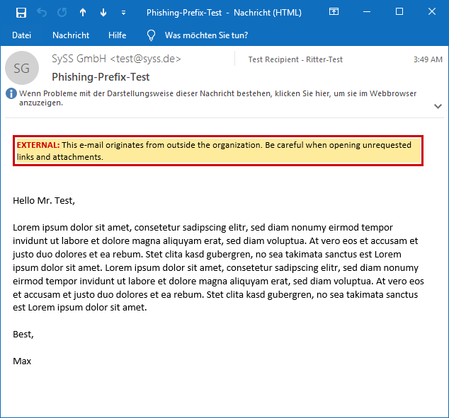 Anti-phishing warning in a HTML e-mail