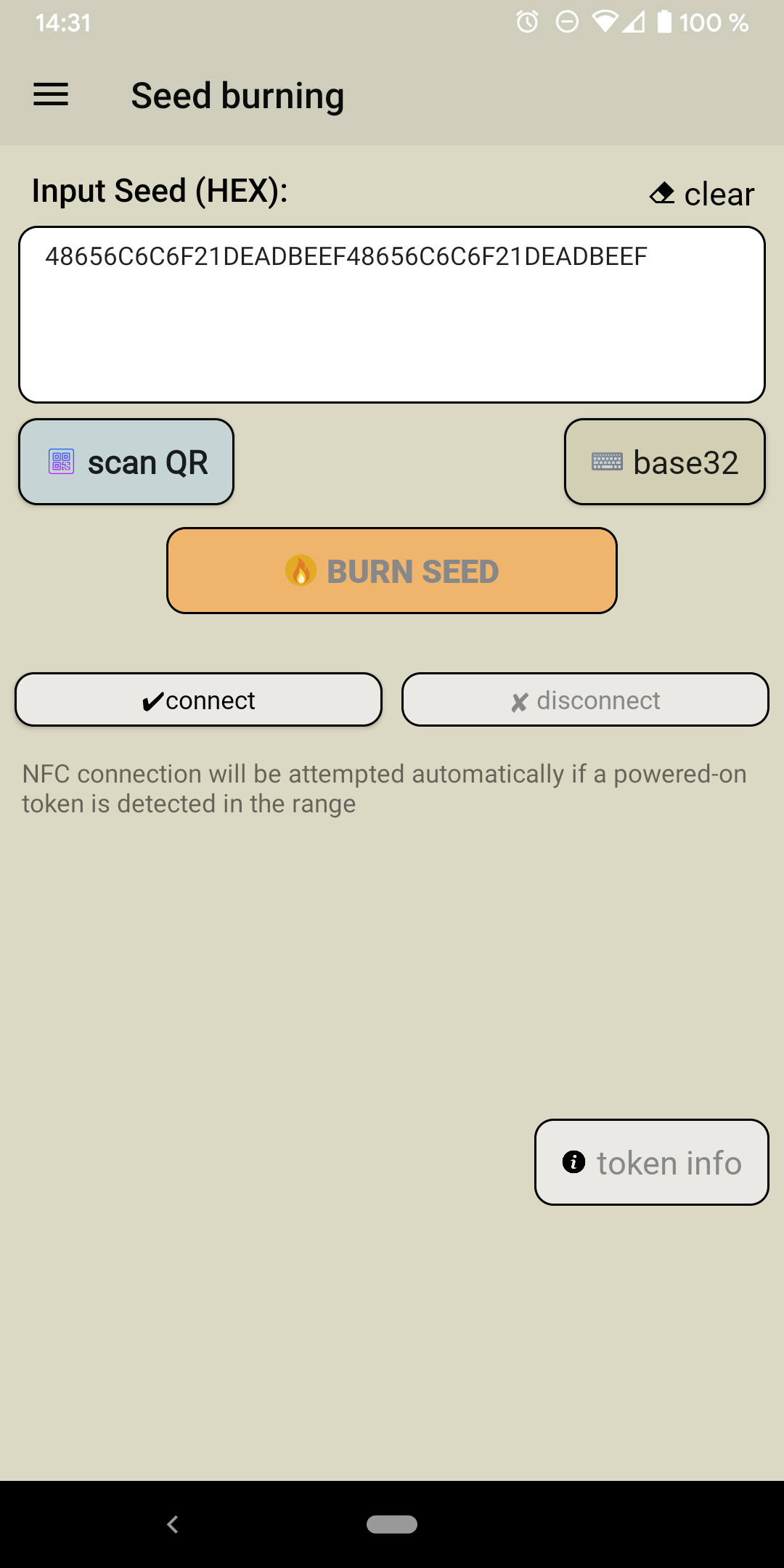 Seed burning view of the NFC burner 2 Android app
